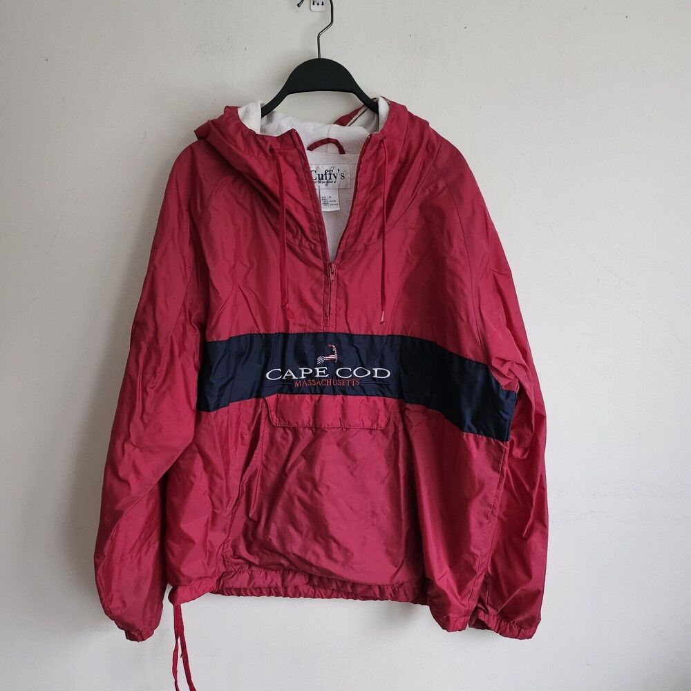 Cuffy's Cape Cod Nylon Jacket Men M Windbreaker 1/4 Zip Red Kangaroo Pocket Hood